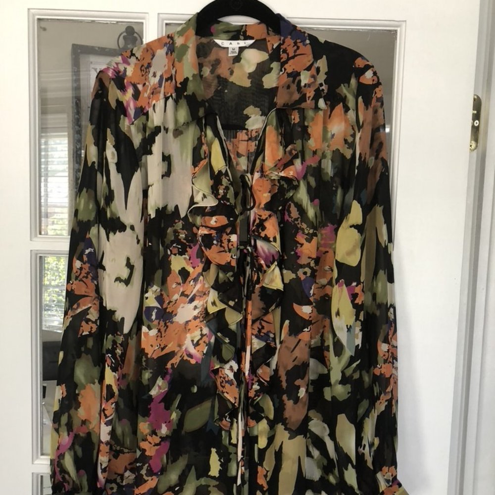 Floral Cascading Ruffle Front Tie Blouse M EUC